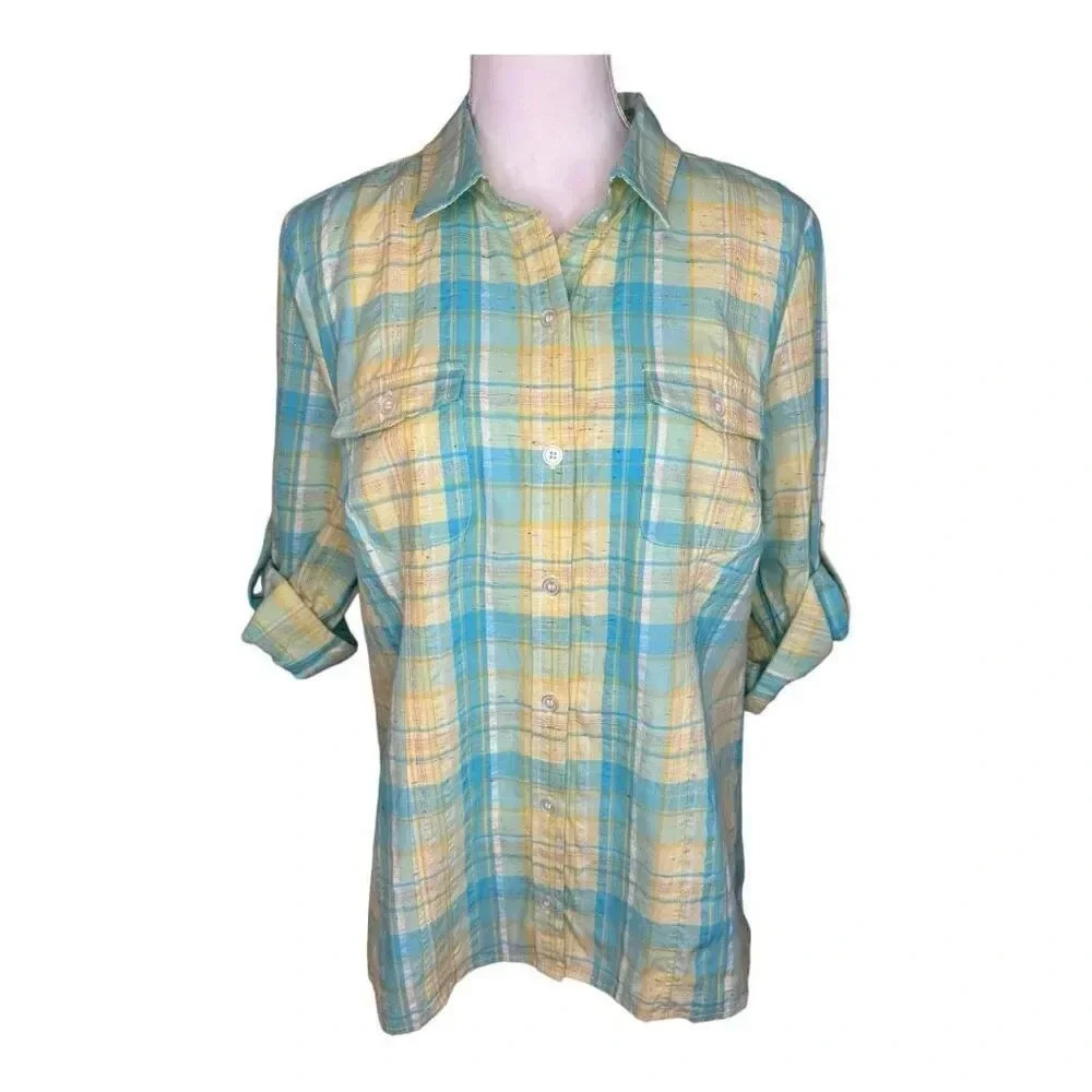 NEW Christopher & Banks Women’s Medium Blue & Yellow Plaid Roll Tab Shirt NWT